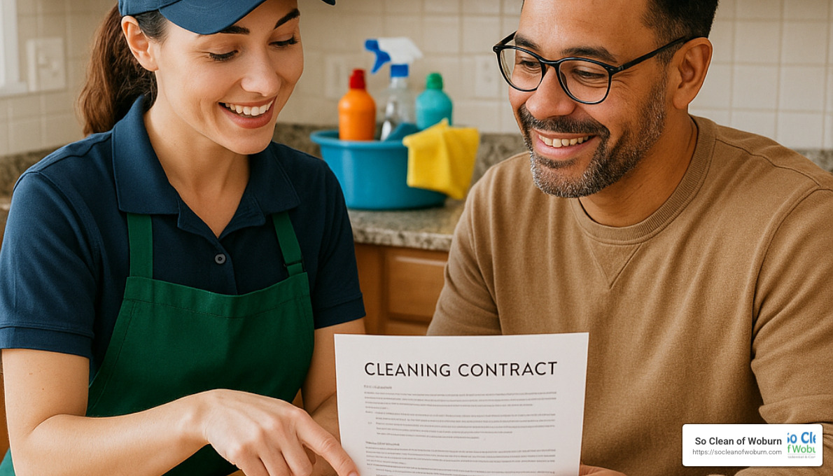 Professional cleaner and homeowner reviewing contract terms - residential cleaning contract
