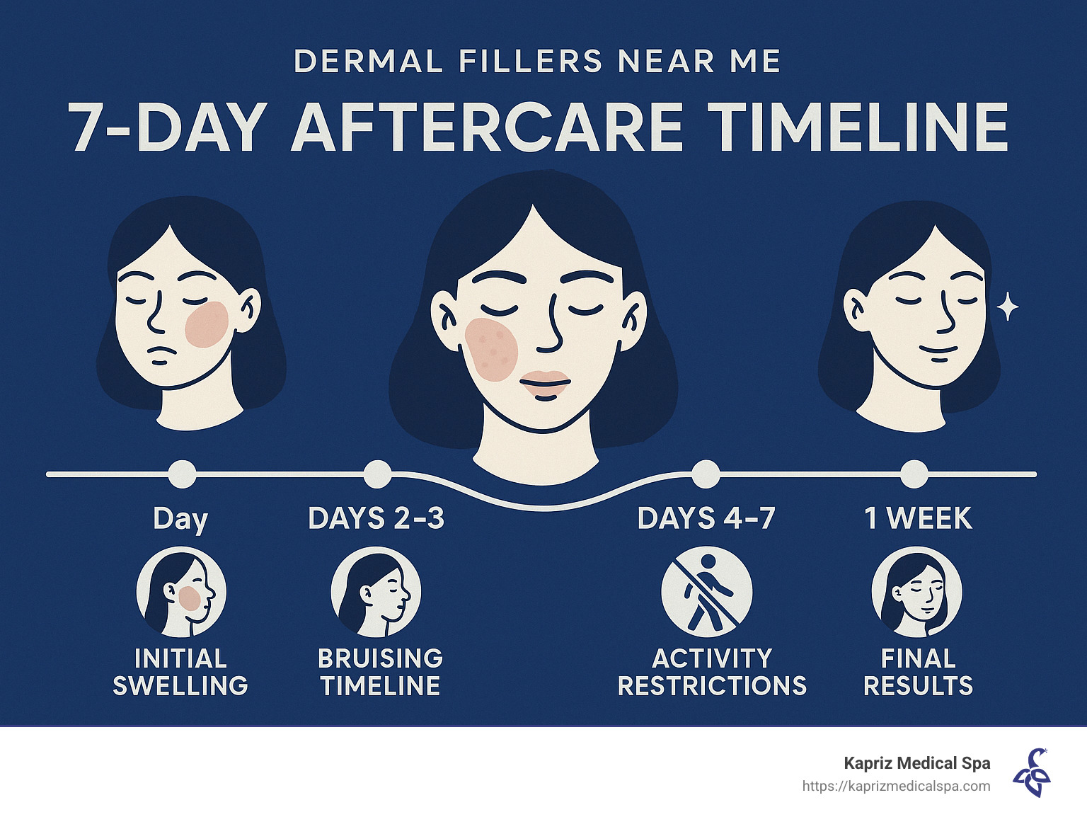7-day aftercare timeline showing initial swelling, bruising timeline, activity restrictions, and when to expect final results - Dermal fillers near me infographic 