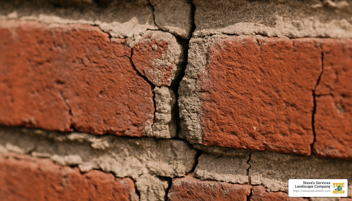 close-up of deteriorating mortar joints in brick wall - Masonry Services