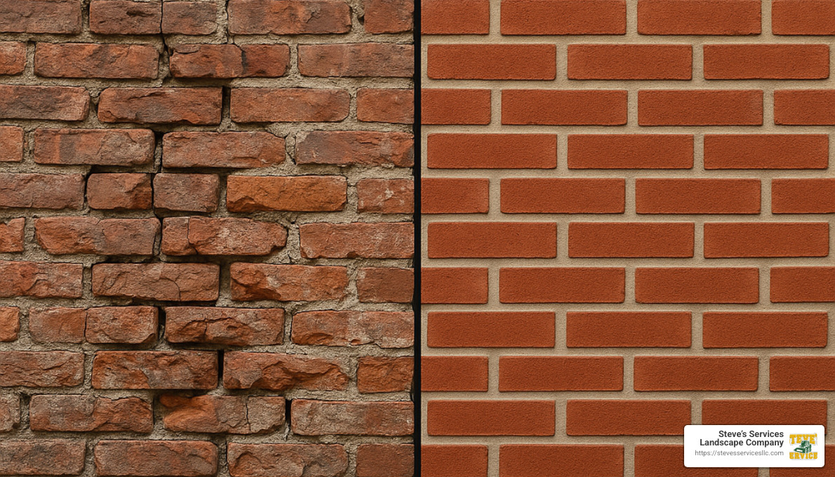 before and after of a restored brick wall - Masonry Services