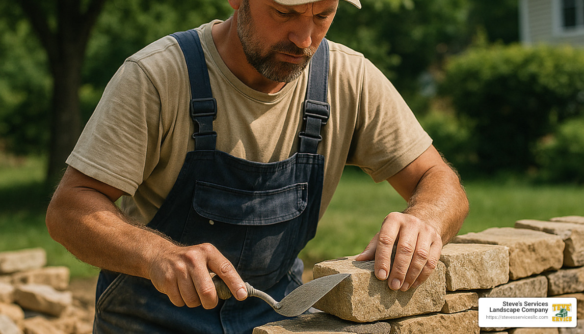 skilled mason working on stone wall construction - Masonry Services