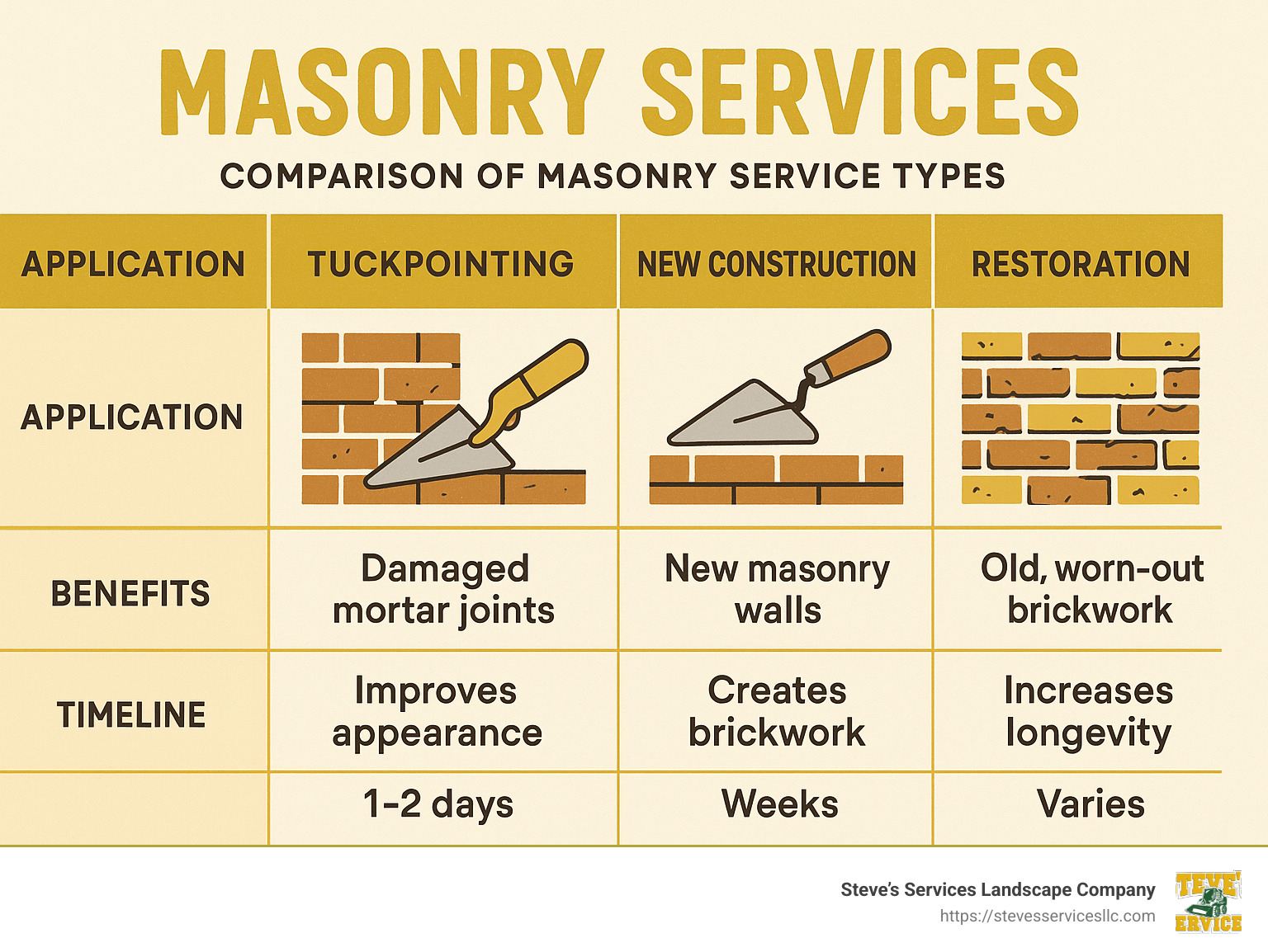Comparison of masonry service types showing tuckpointing, new construction, and restoration with their applications, benefits, and typical timelines - Masonry Services infographic