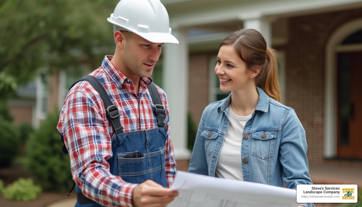 contractor reviewing plans with homeowner - Masonry Services