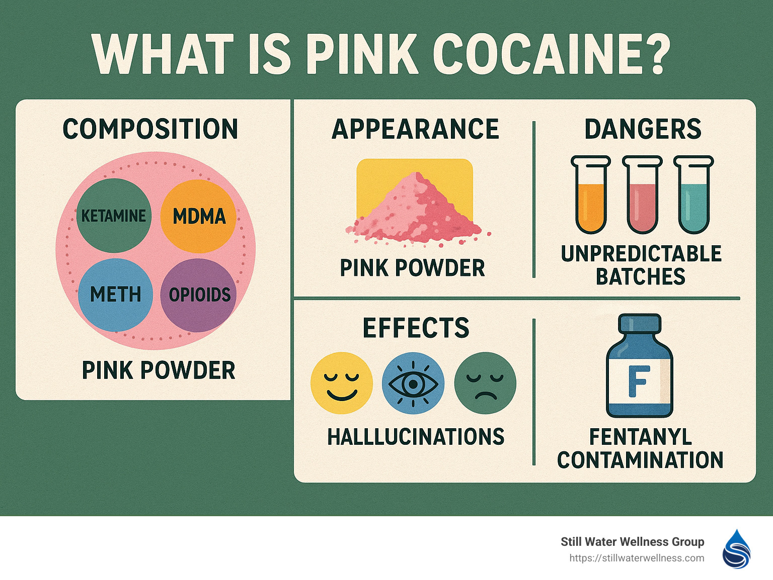 Pink cocaine infographic showing composition (ketamine, MDMA, meth, opioids), appearance (pink powder), effects (euphoria, hallucinations, sedation), and dangers (unpredictable batches, overdose risk, fentanyl contamination) - what is pink cocaine infographic 