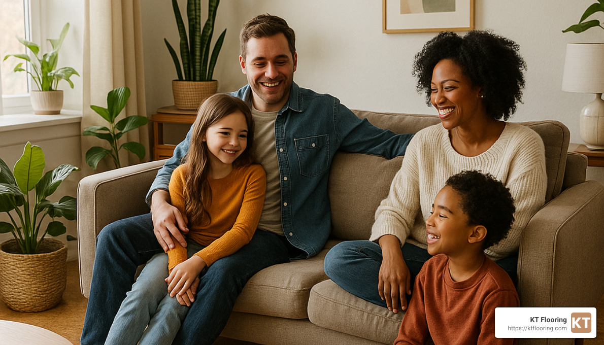 family relaxing on cork floors in living room with plants - eco-friendly flooring options