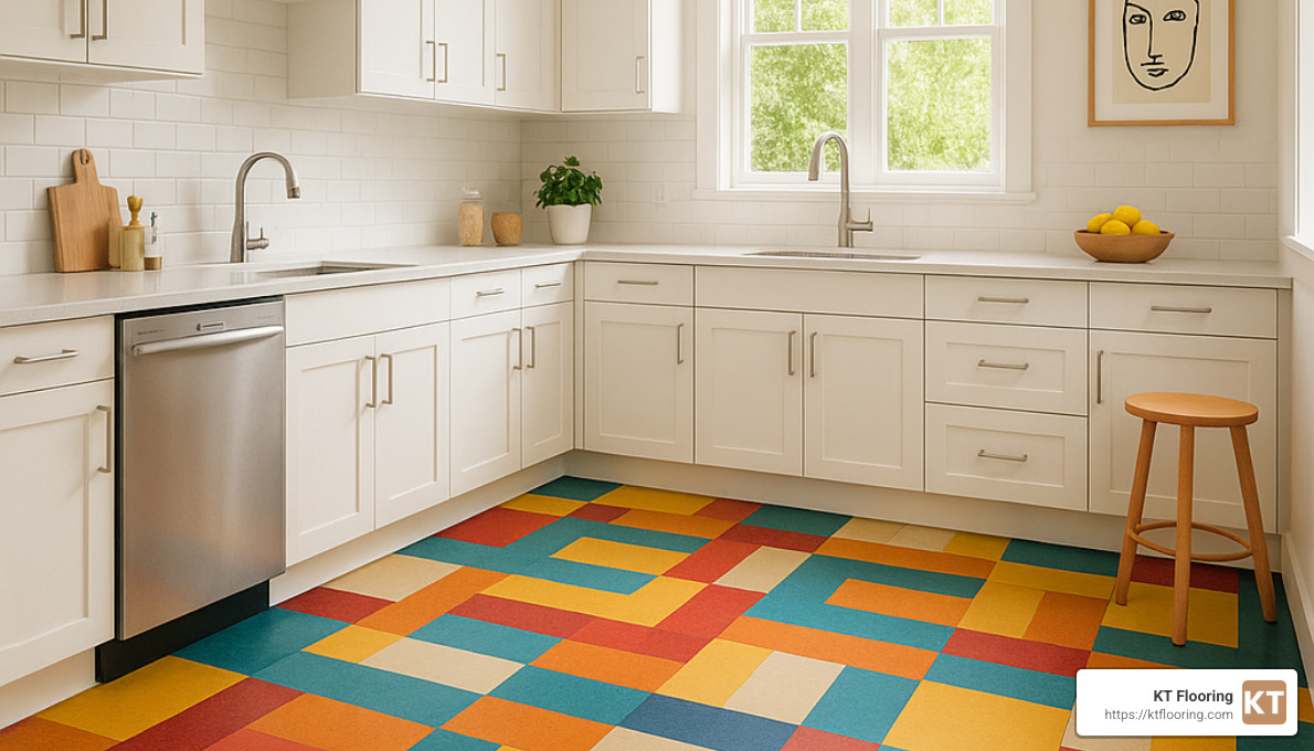 colorful Marmoleum floor pattern in modern kitchen - eco-friendly flooring options