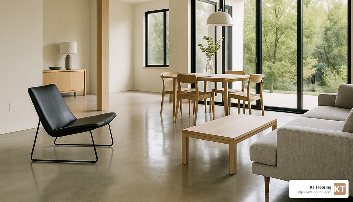 polished concrete floor in modern open concept home - eco-friendly flooring options