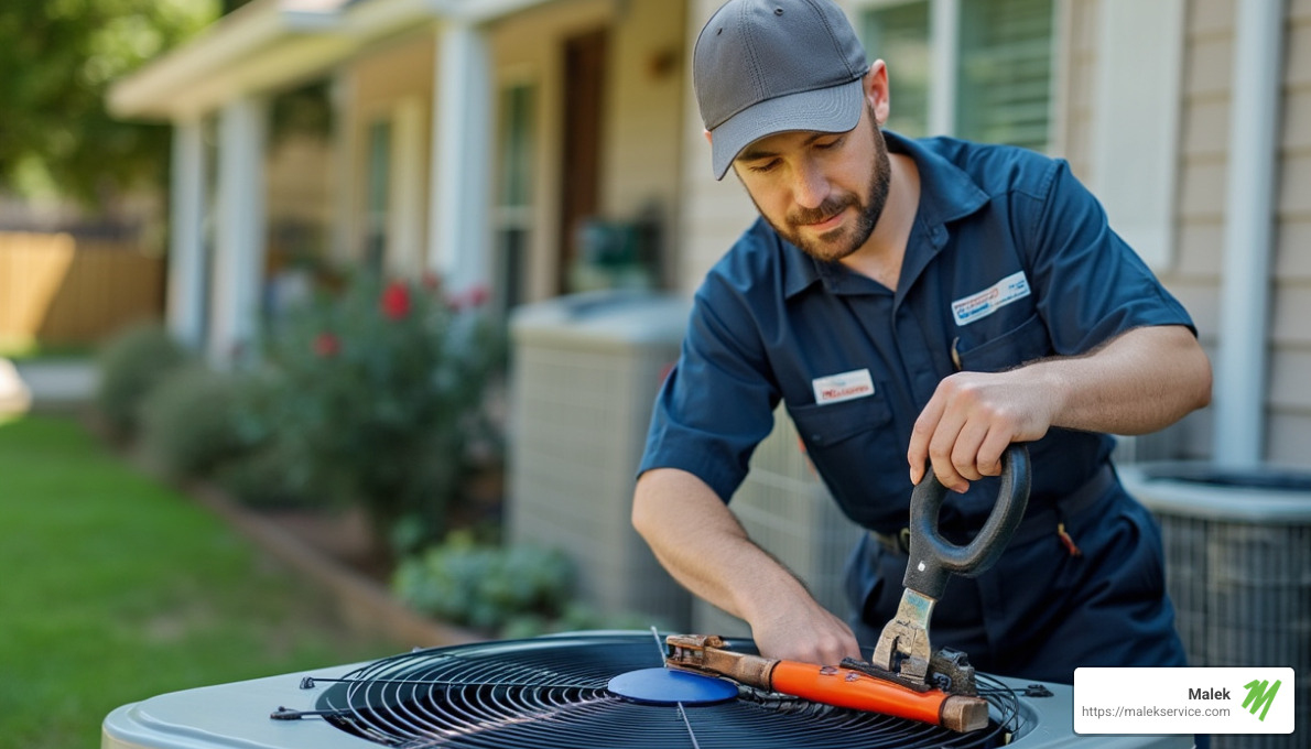 HVAC technician performing maintenance on an air conditioner - Huntsville TX air conditioning repair