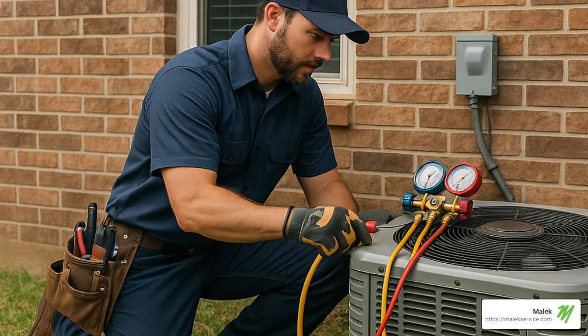 HVAC technician repairing an air conditioner unit - Huntsville TX air conditioning repair