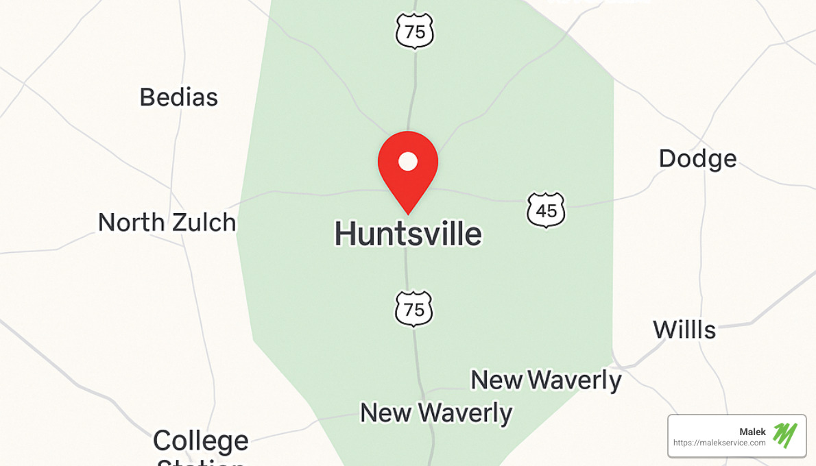Map of Huntsville and surrounding service areas - Huntsville TX air conditioning repair