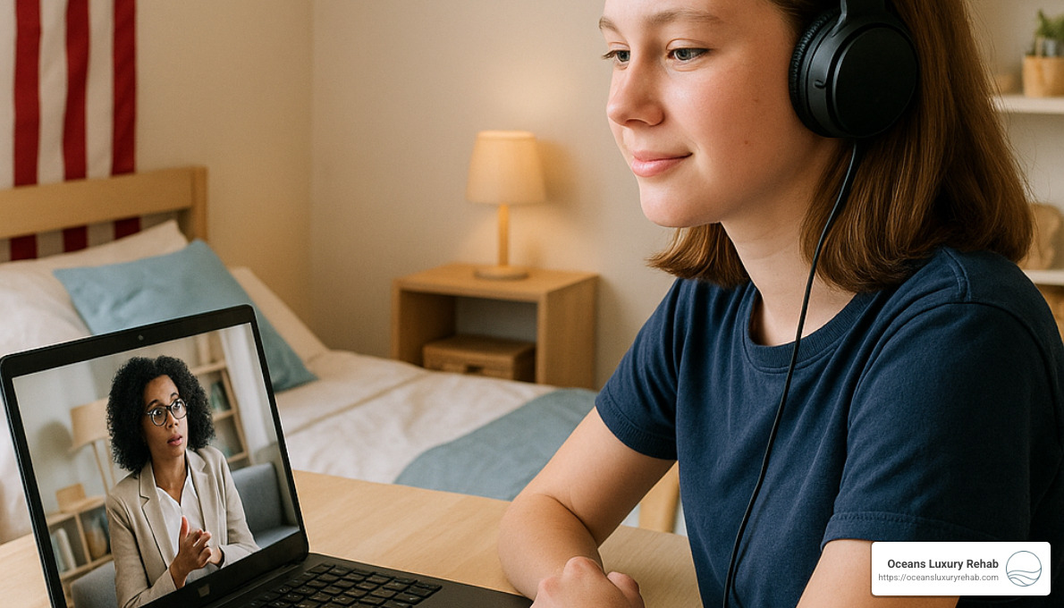 teen attending virtual therapy session - orange county iop programs