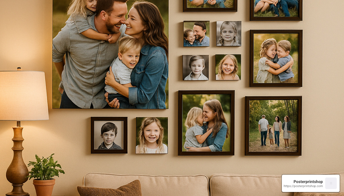 Creative family photo display showing a mix of canvas, framed prints, and photo tiles arranged on a wall - family portrait printing