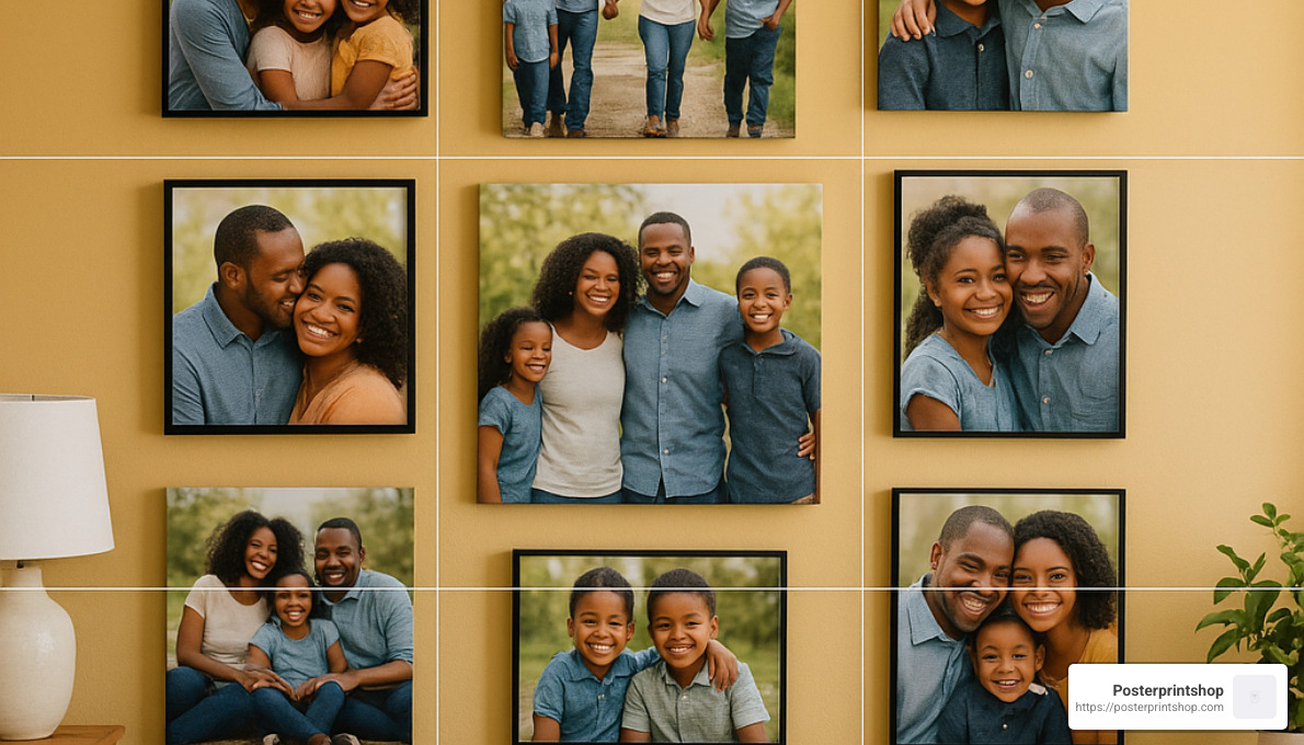 Gallery wall layout showing the rule of thirds application with family portraits - family portrait printing