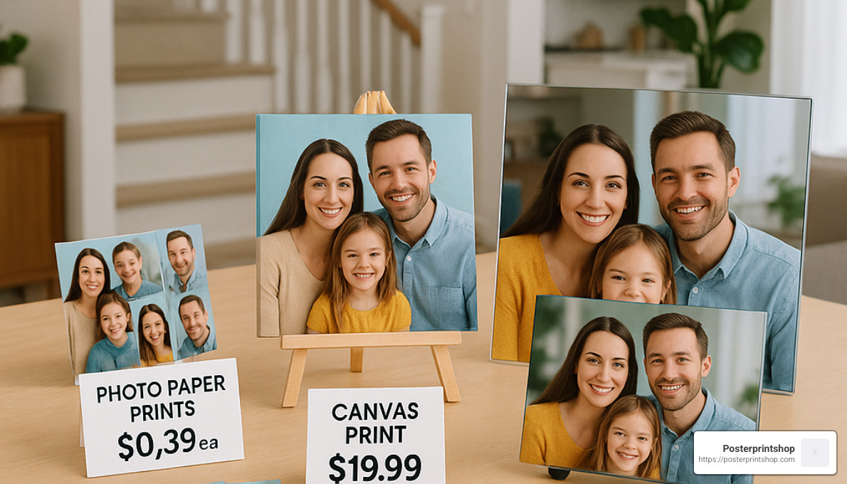 Budget-friendly family portrait printing options showing different materials and their price points - family portrait printing