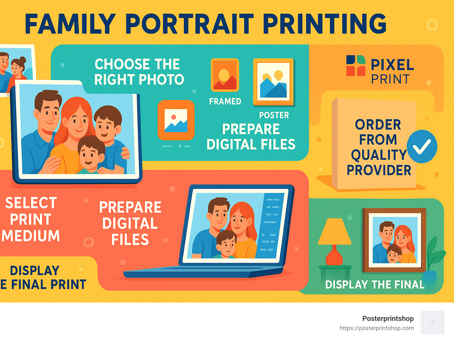 A step-by-step guide showing the family portrait printing process, including choosing the right photo, selecting print medium, preparing digital files for printing, ordering from a quality provider, and displaying the final print in a home setting - family portrait printing infographic 