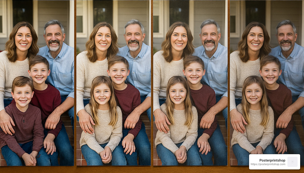 Comparison of different photo paper finishes showing glossy, matte, lustre, and deep matte with their effects on skin tones - family portrait printing