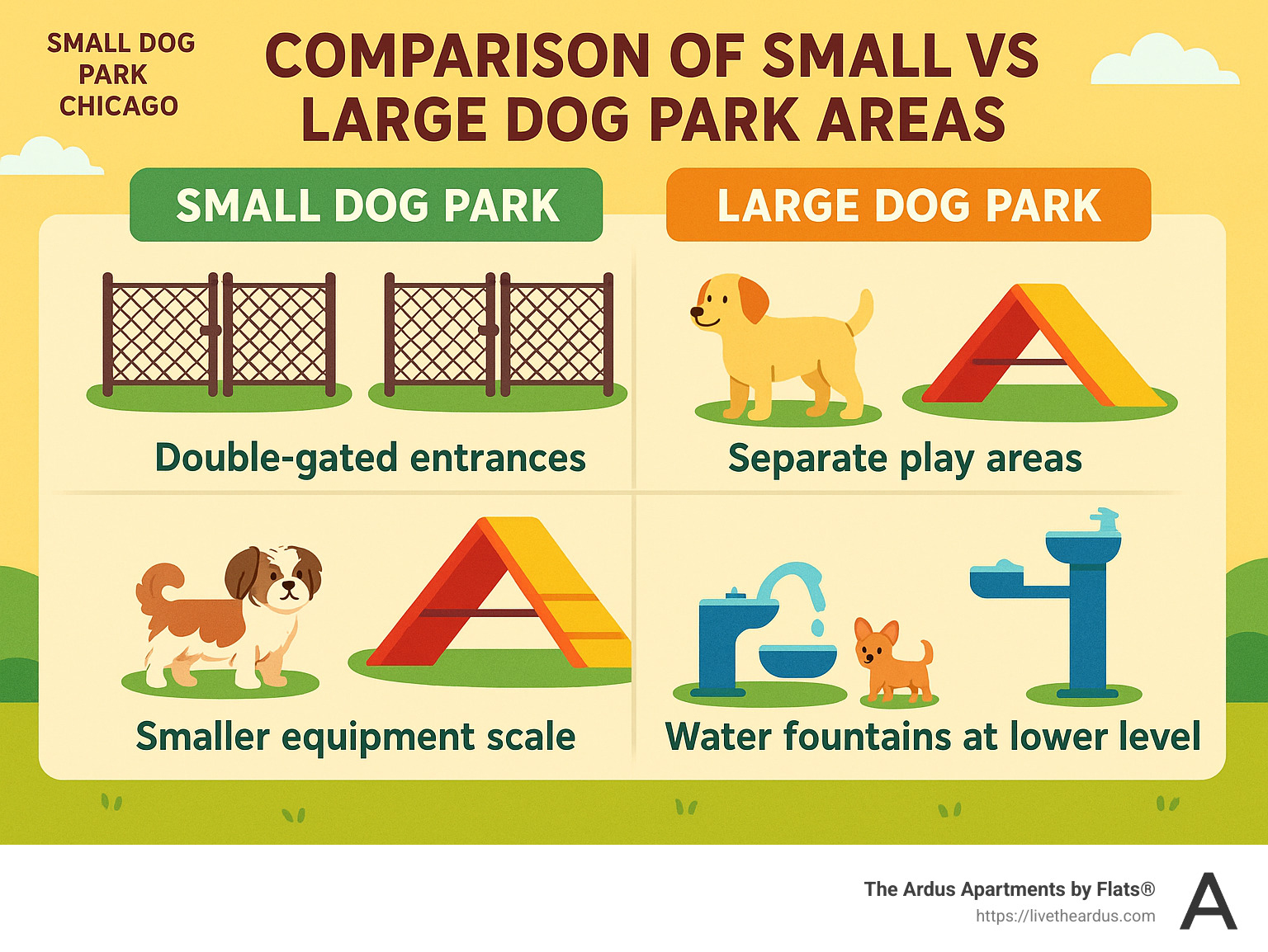 Comparison of small vs large dog park areas showing features like double-gated entrances, separate play zones, smaller equipment scale, and water fountains designed for smaller breeds - small dog park chicago infographic 