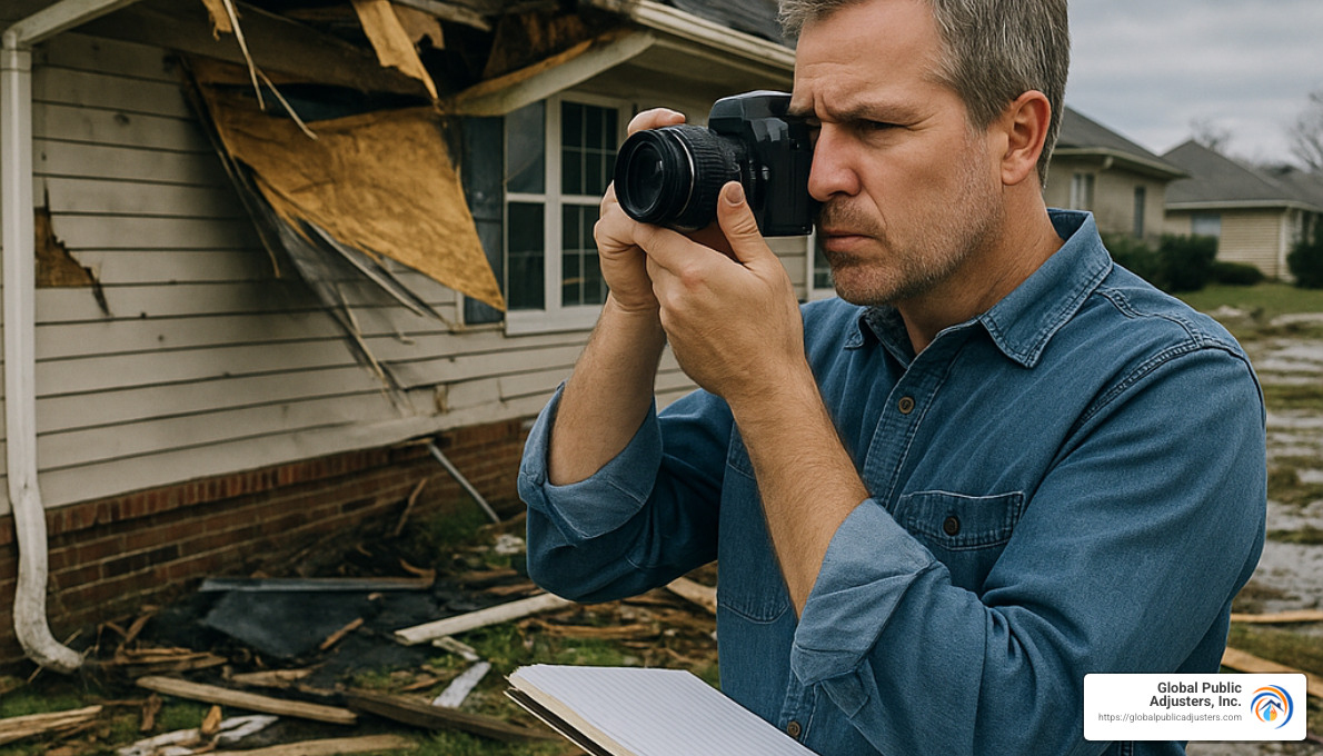 homeowner documenting hurricane damage with camera and notebook - denied hurricane damage claim