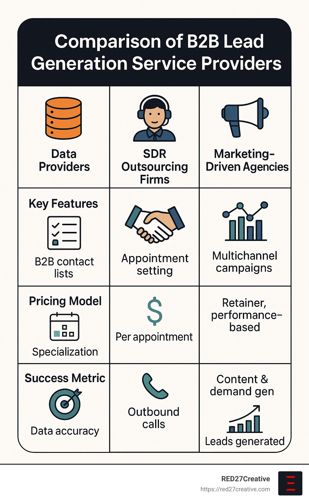 B2B Lead Generation Service Providers That Actually Deliver Results • b2b lead generation service provider • RED27Creative Comparison of B2B lead generation service providers showing key features, pricing models, and specializations across data providers, SDR outsourcing firms, and marketing-driven agencies with success metrics for each category - b2b lead generation service provider infographic