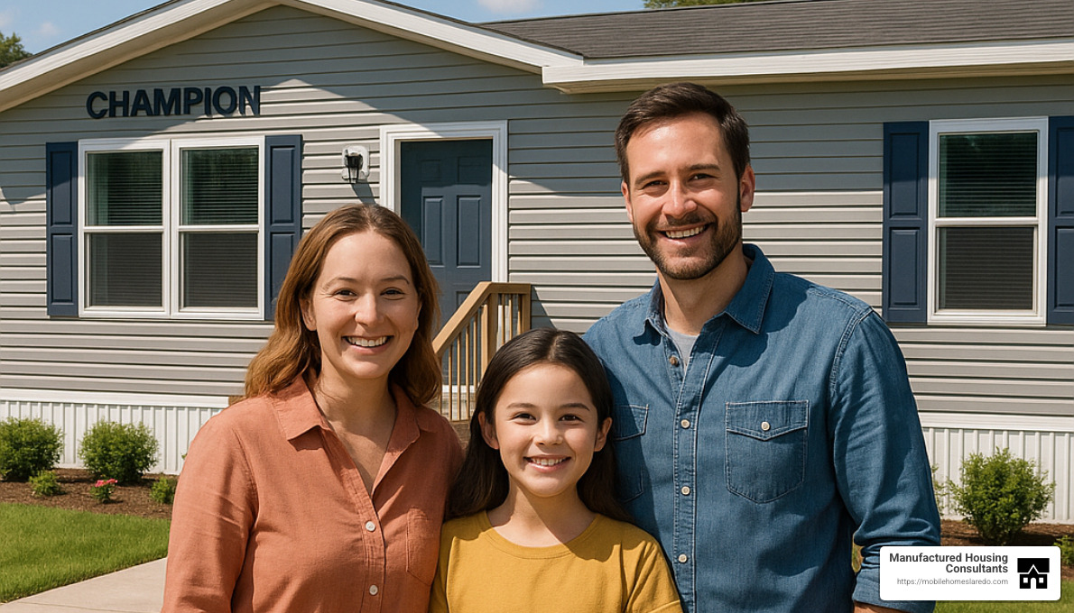 Happy homeowners in front of their new Champion mobile home - champion mobile homes