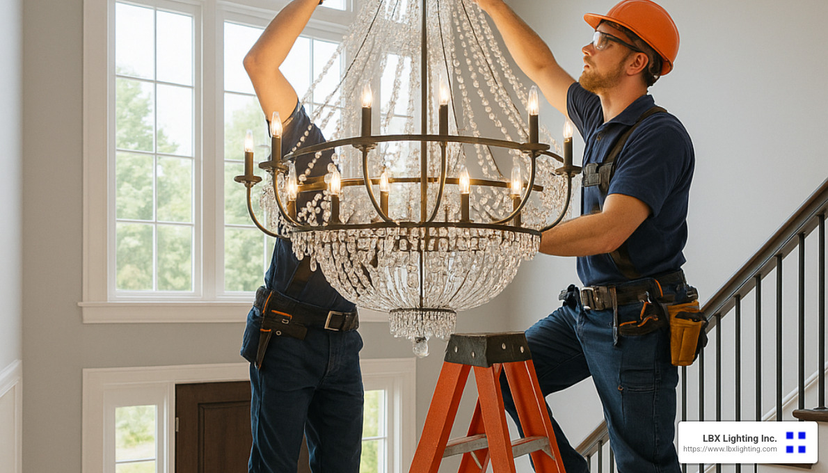 technician installing chandelier in two-story foyer - chandeliers for tall foyers
