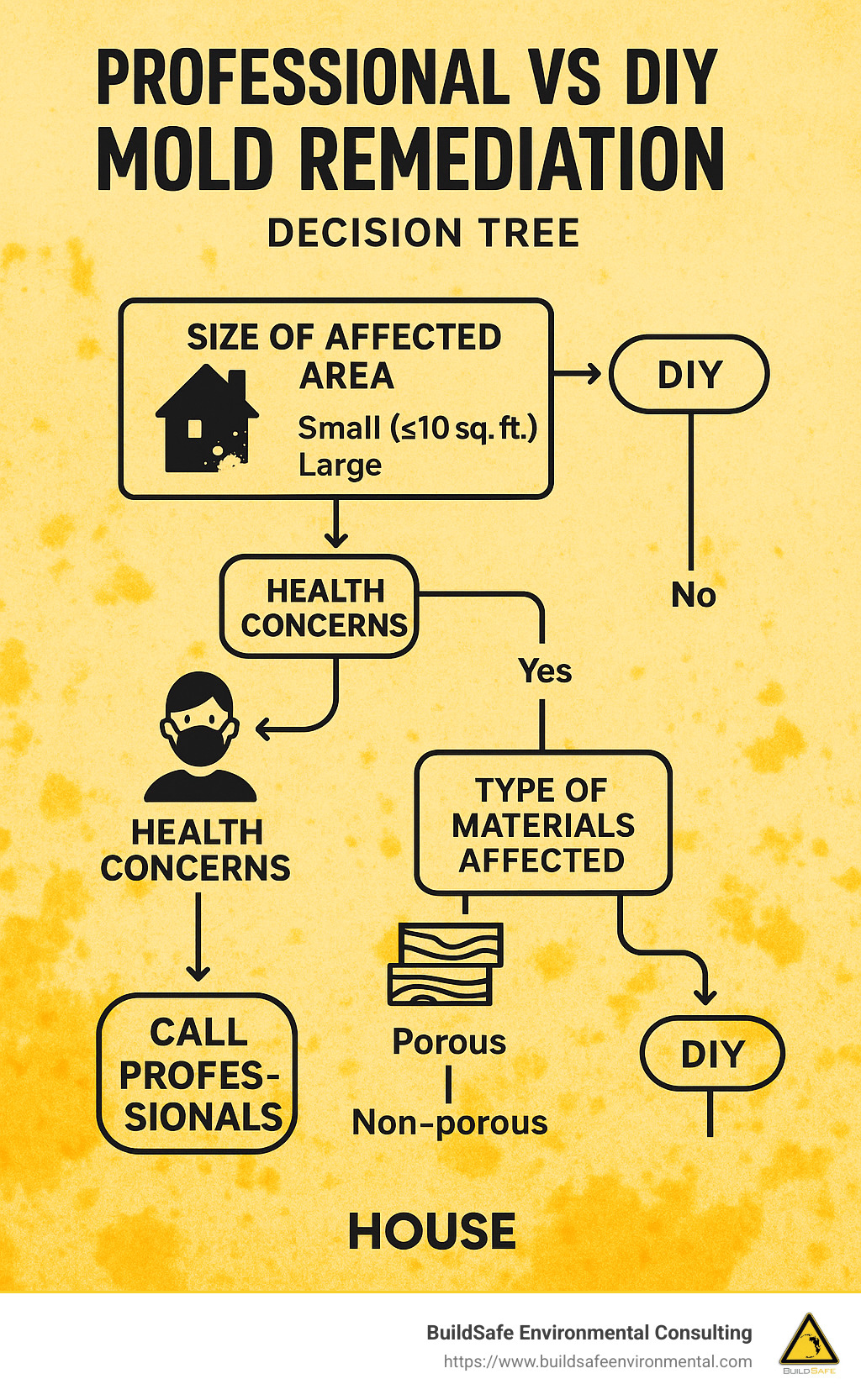 Professional vs DIY mold remediation decision tree showing when to call professionals based on size of affected area, health concerns, and type of materials affected - mold risks in homes infographic