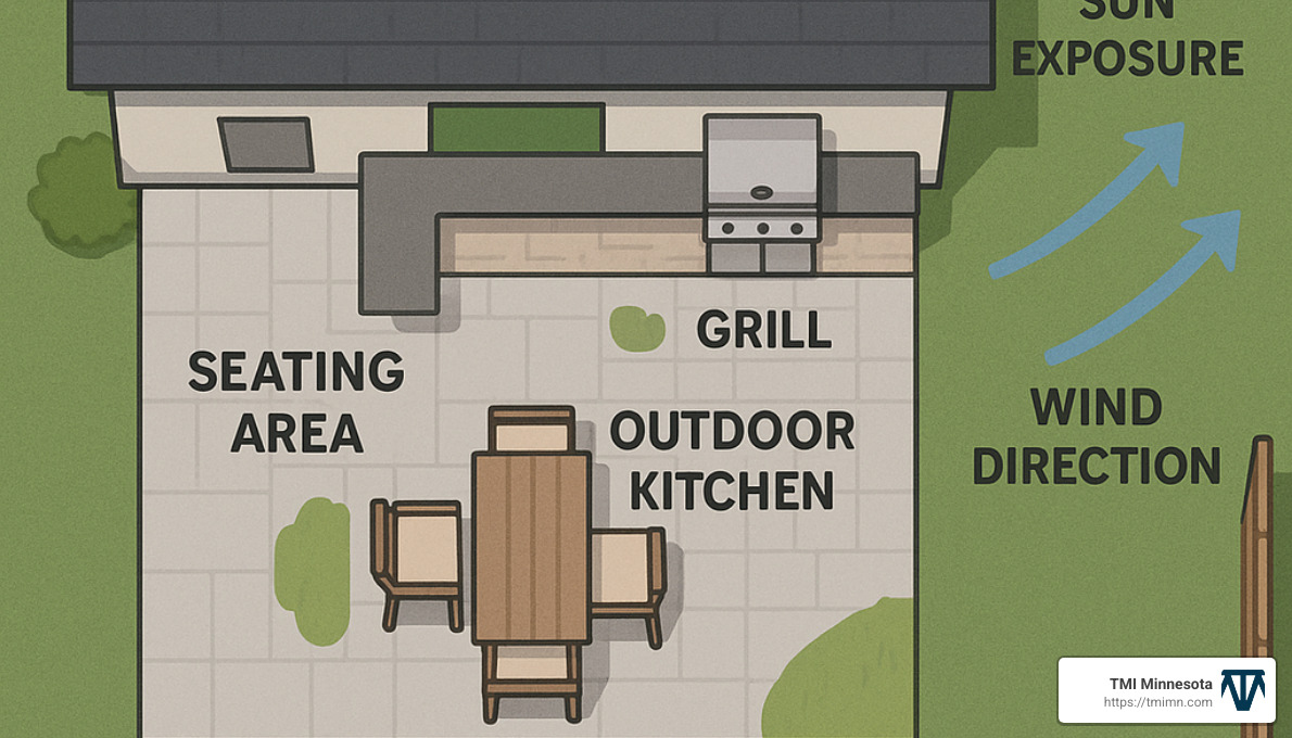 Outdoor kitchen site planning showing ideal placement considerations - outdoor kitchen installation