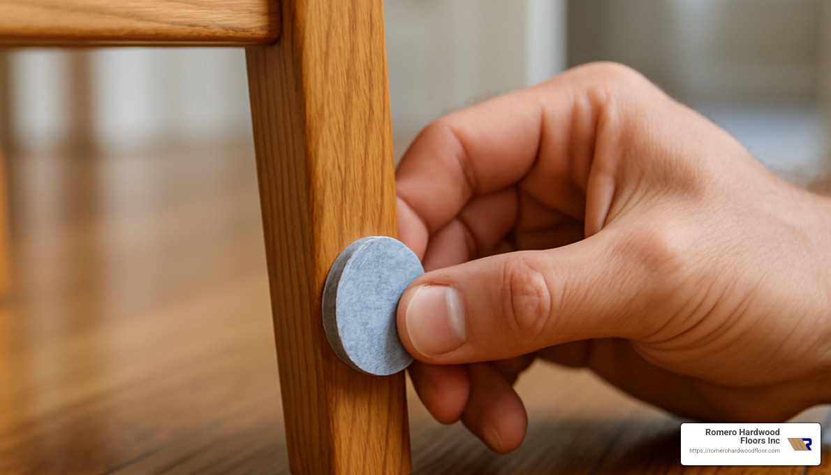 felt pad being applied to furniture leg - Hardwood Floor Repair Techniques