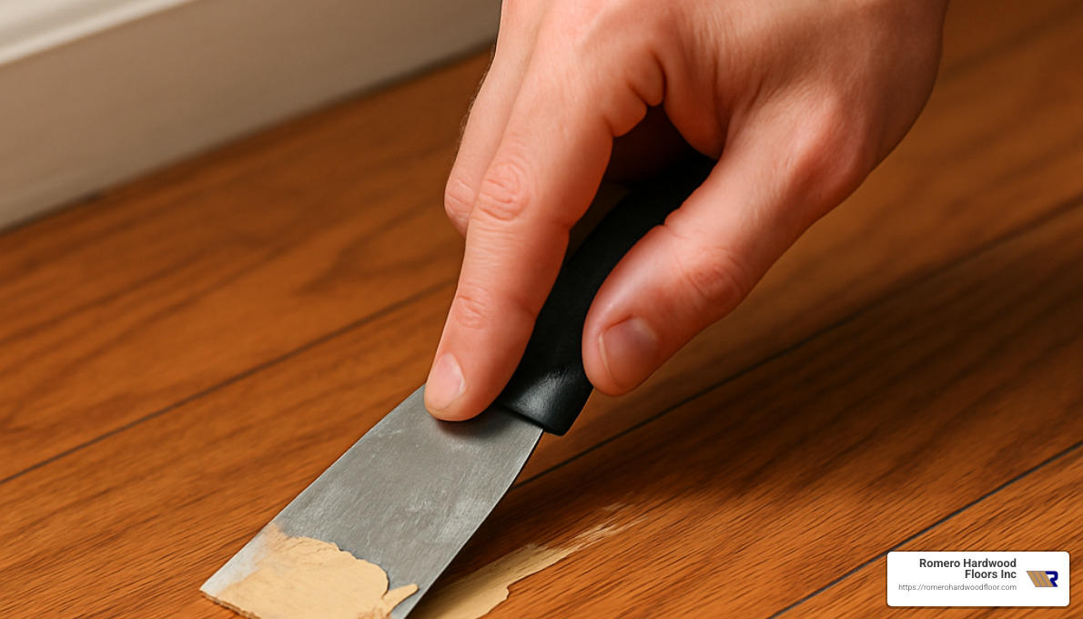 close-up of wood filler application on damaged hardwood - Hardwood Floor Repair Techniques