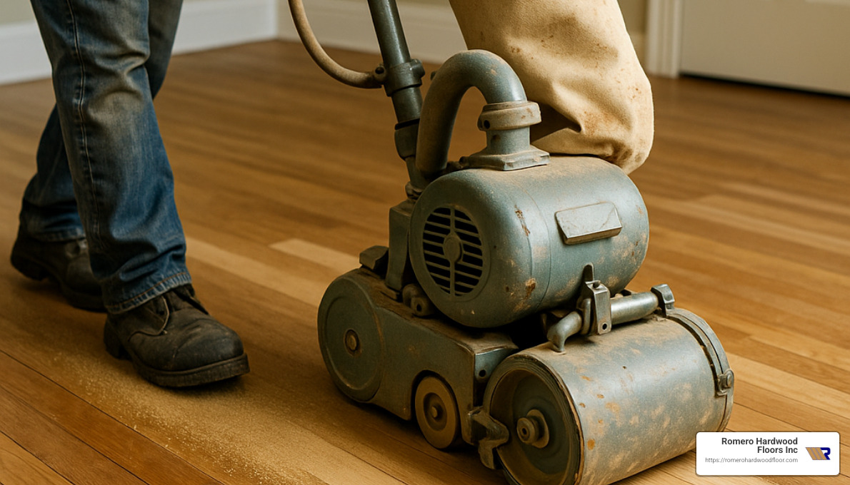 drum sander being used on hardwood floor - Hardwood Floor Repair Techniques