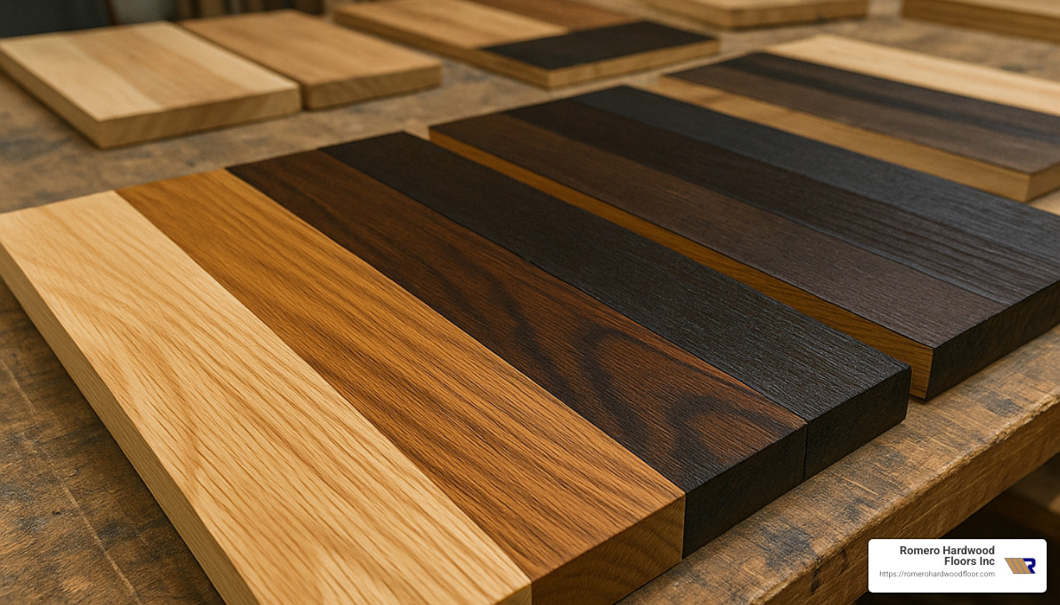 various stain samples on test boards - Hardwood Floor Repair Techniques