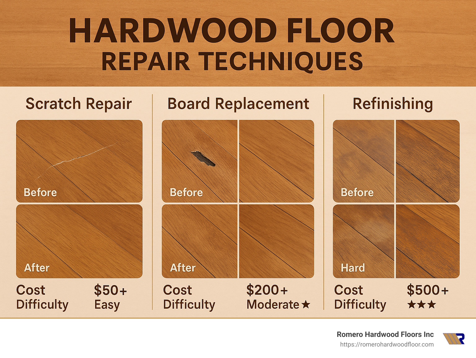 Comparison of common hardwood floor repair techniques showing before and after photos of scratch repair, board replacement, and refinishing with approximate costs and difficulty levels for each method - Hardwood Floor Repair Techniques infographic 