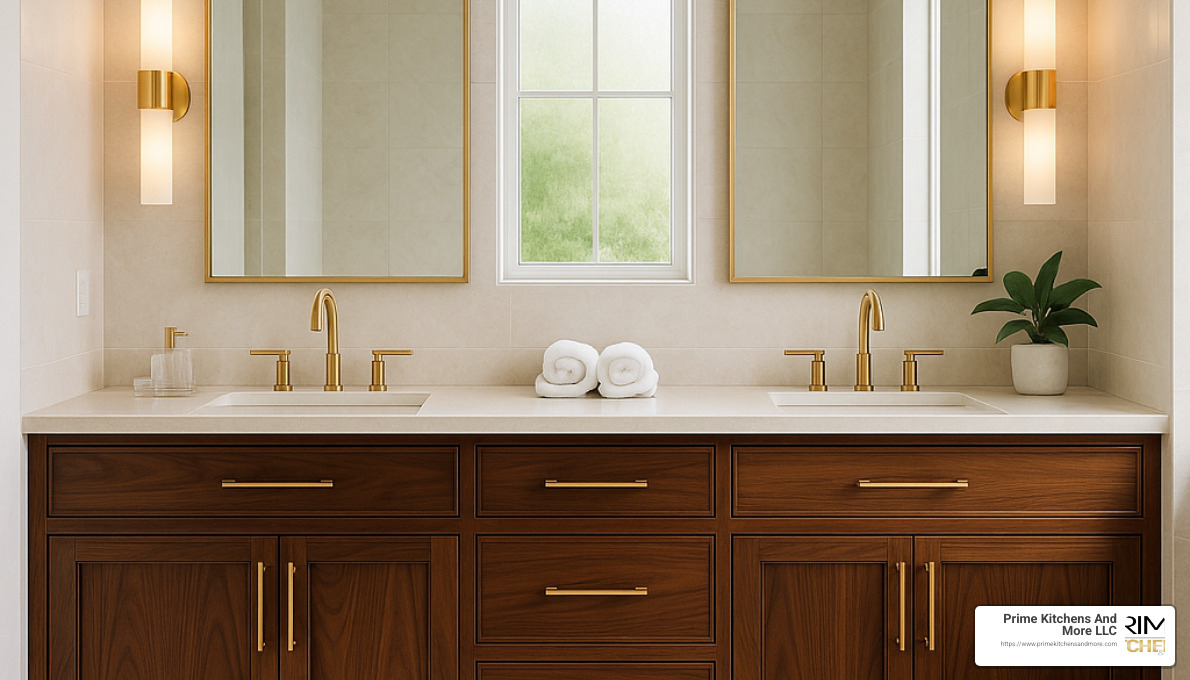 luxury walnut double vanity with integrated stone and gold accents - bathroom vanities orlando fl