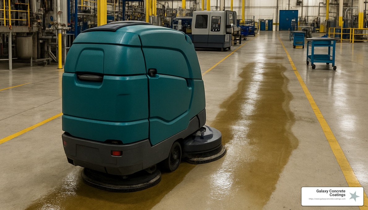 auto-scrubber applying degreaser to industrial floor - industrial floor cleaning solution