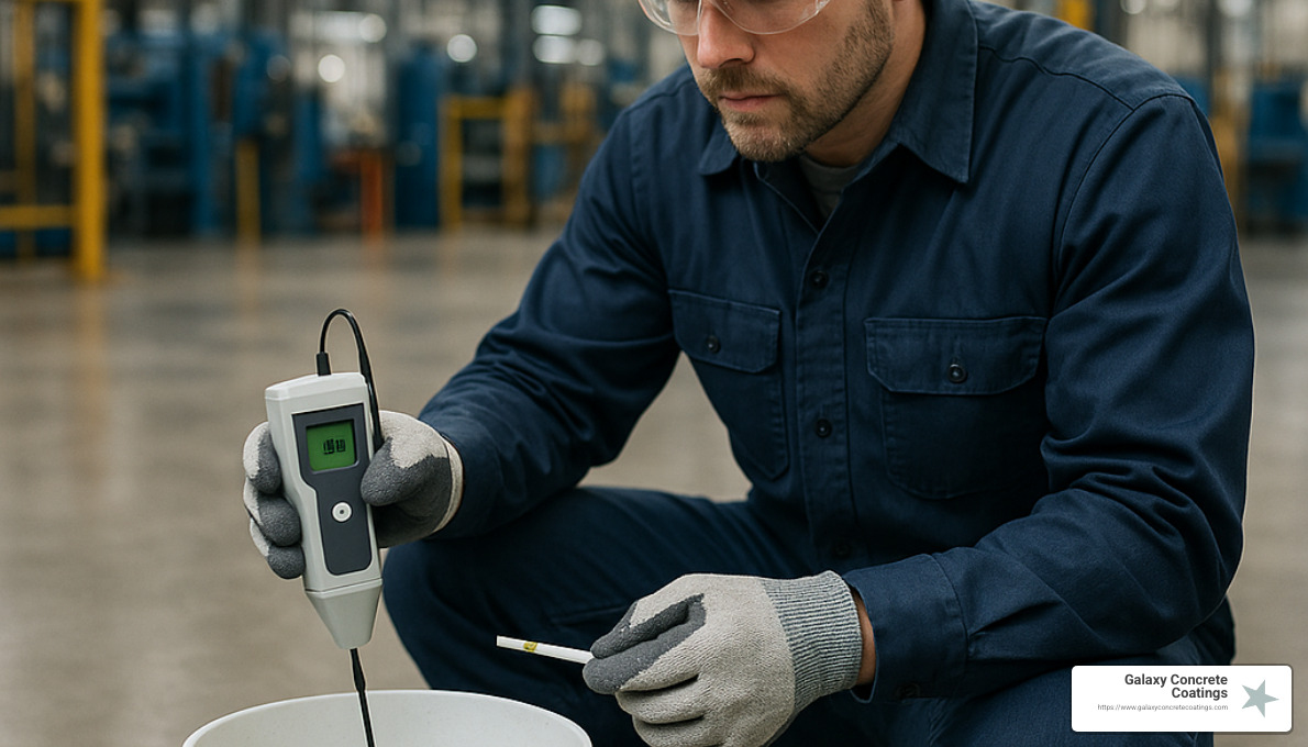 operator testing pH of industrial floor cleaner - industrial floor cleaning solution