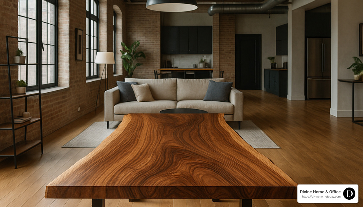 live-edge dining table in modern loft - custom wood furnishings