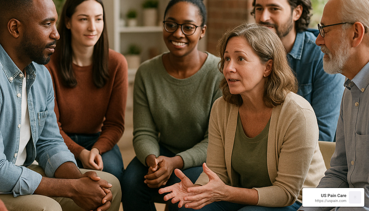Group of diverse people in a peer support circle, sharing experiences - chronic pain psychological support