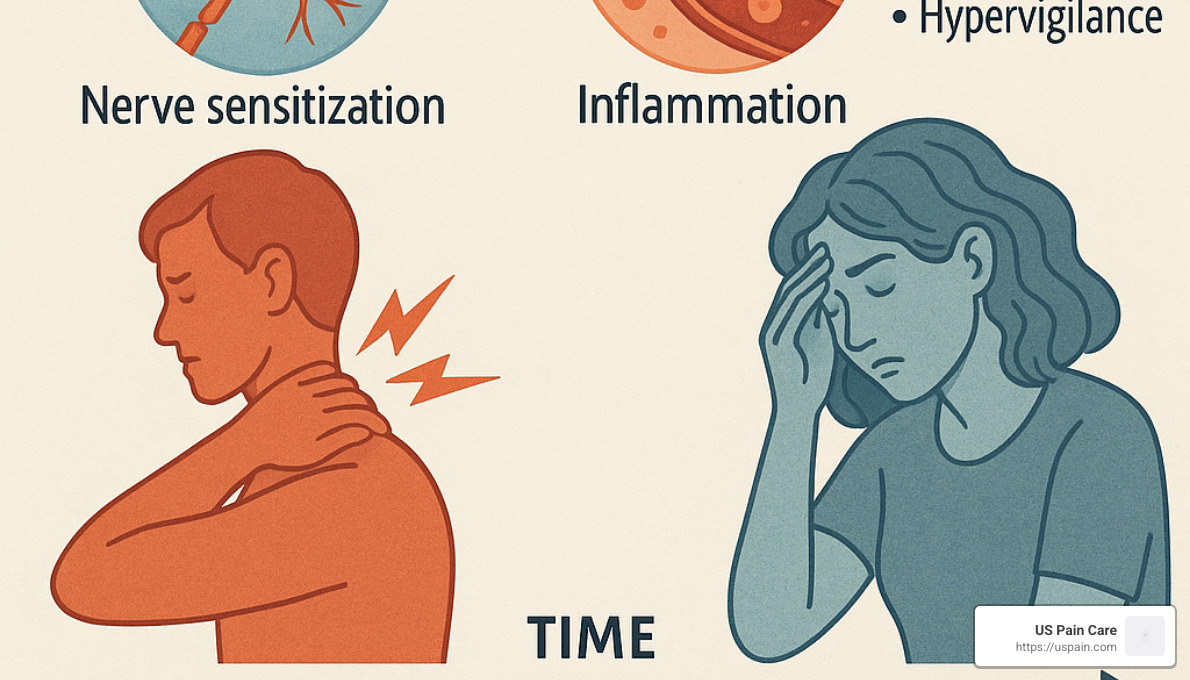 Timeline showing acute pain transitioning to chronic pain with biological and psychological changes - chronic pain psychological support
