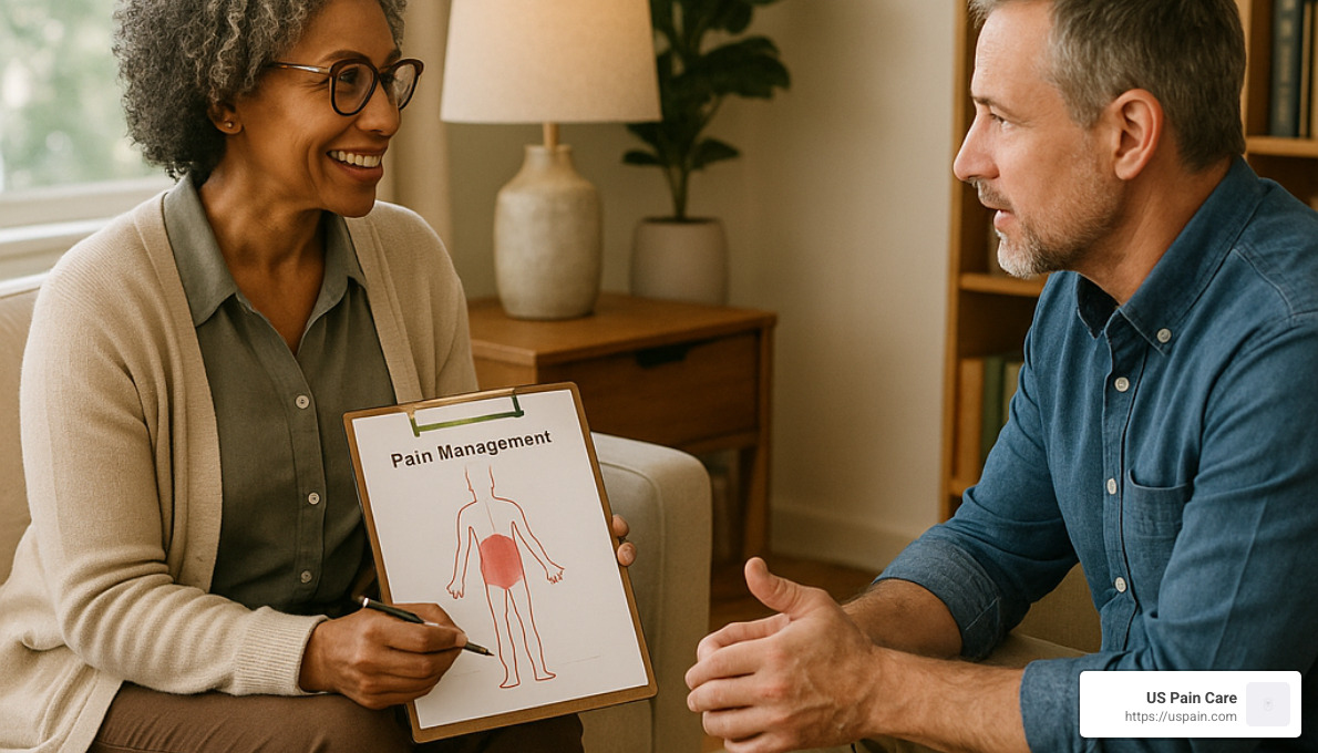Therapist and patient discussing pain management strategies in a comfortable office setting - chronic pain psychological support
