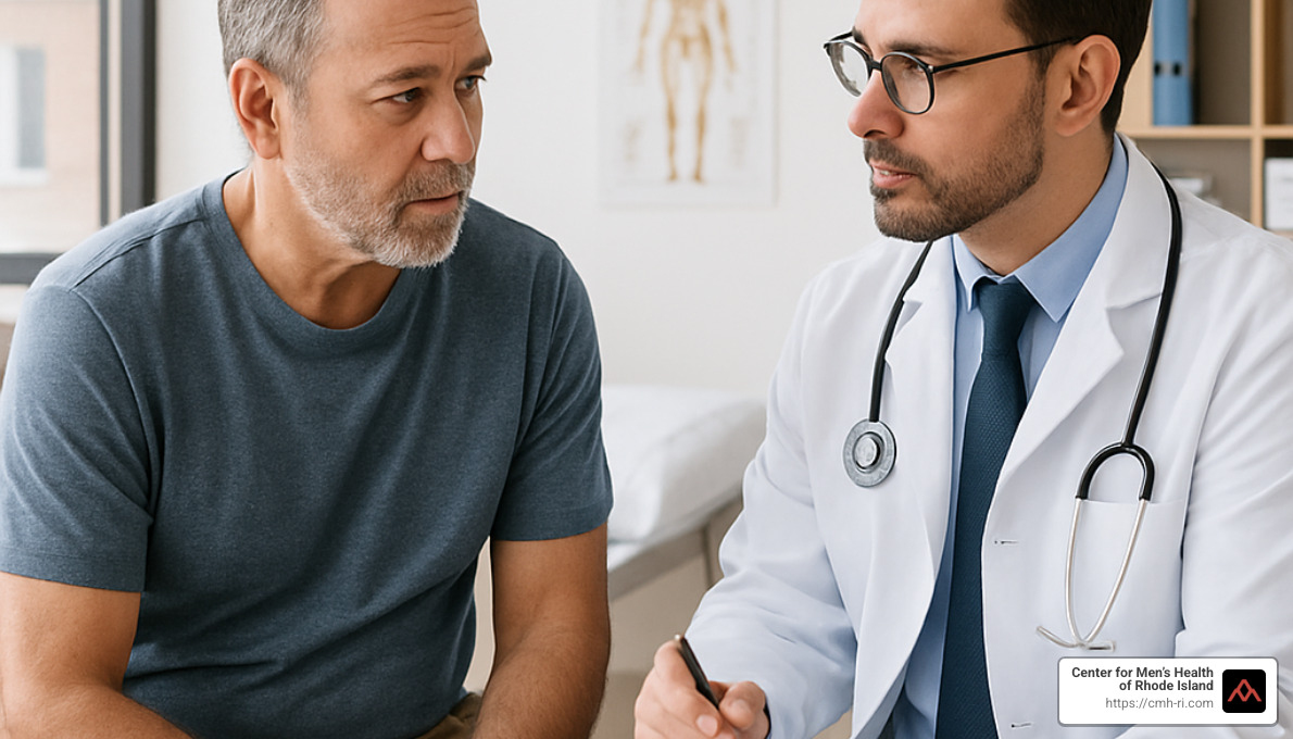 man discussing health risks with doctor - andropause