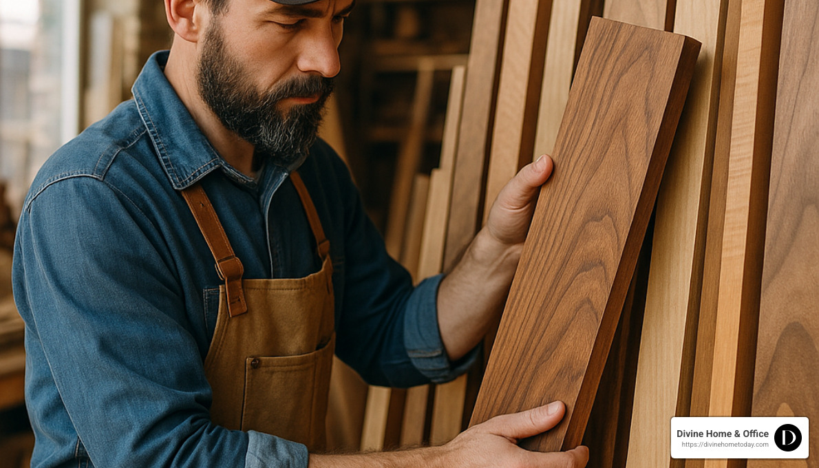 woodworker selecting premium hardwood for custom furniture - custom wood furnishings