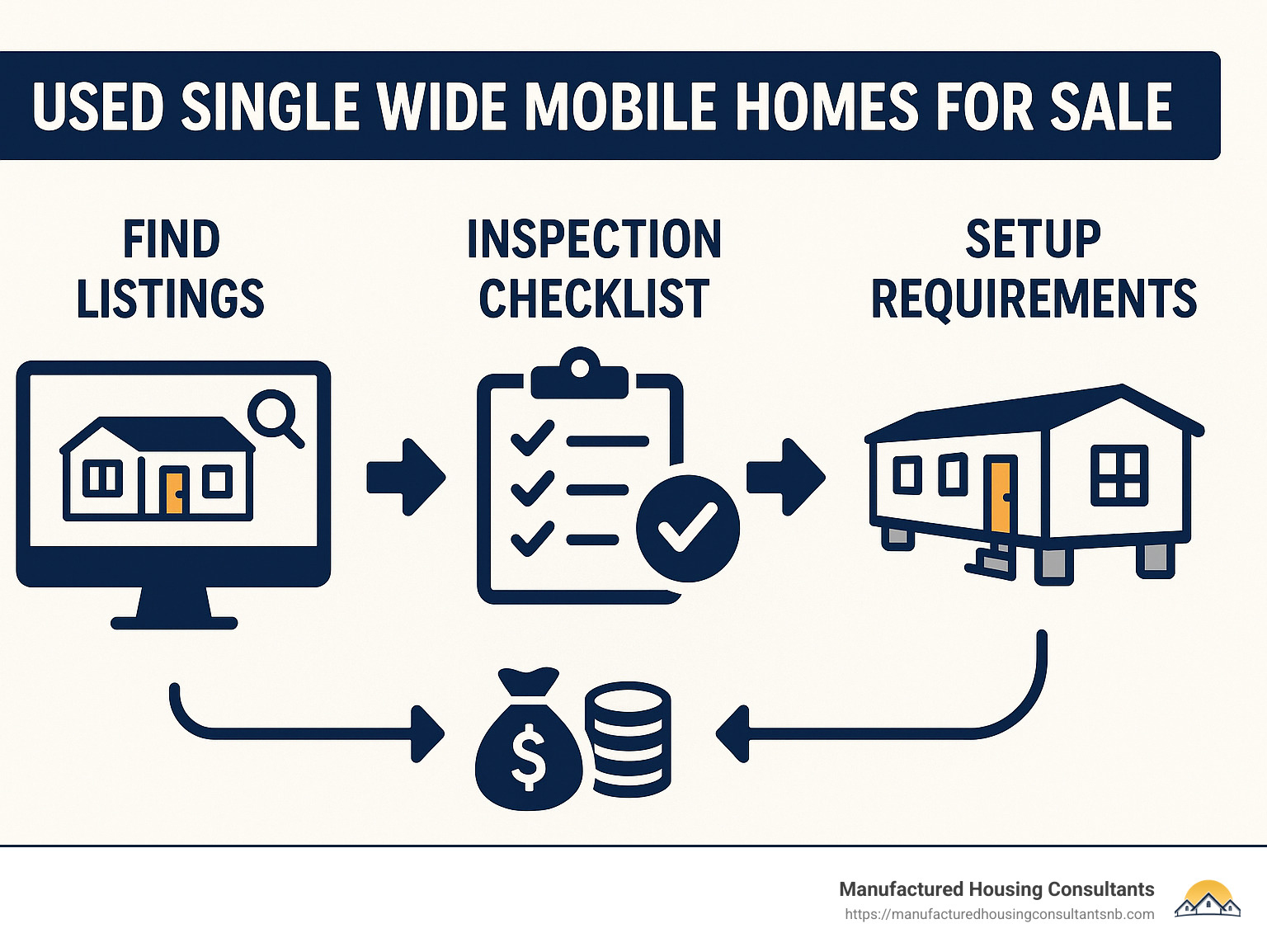 Infographic showing the buying process for used single wide mobile homes including finding listings, inspection checklist, financing options, and setup requirements - used single wide mobile homes for sale infographic 