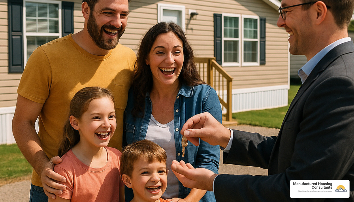 family receiving keys to their new mobile home - used single wide mobile homes for sale