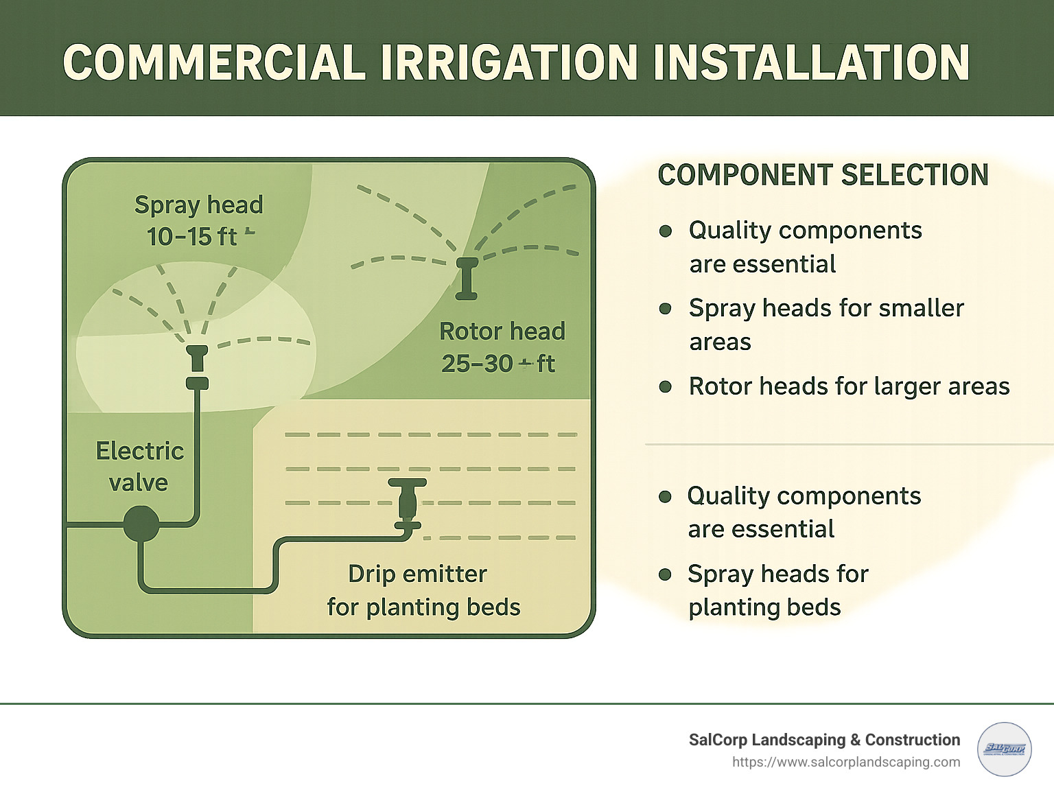 Commercial irrigation zone layout showing different sprinkler types and coverage patterns - commercial irrigation installation infographic 