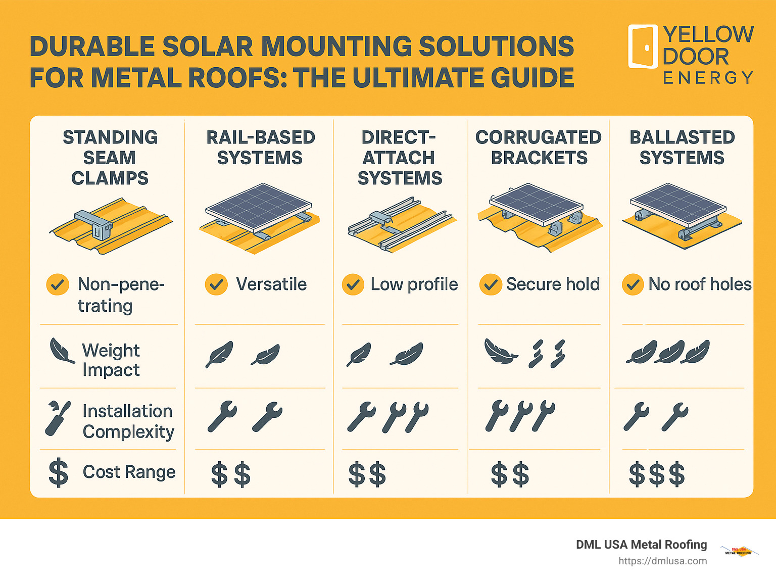 Comparison of metal roof solar mounting systems showing standing seam clamps, rail-based systems, direct-attach systems, corrugated brackets, and ballasted systems with their advantages, weight impact, installation complexity, and cost ranges - durable solar mounting solutions for metal roofs: the ultimate guide infographic 