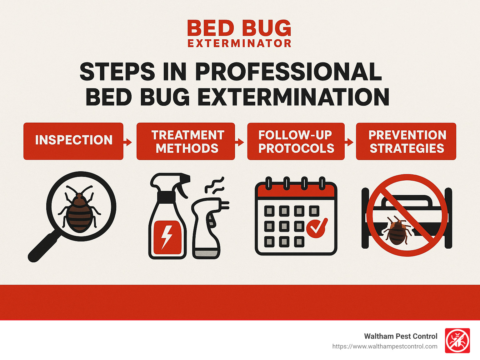 Steps in professional bed bug extermination showing inspection, treatment methods, follow-up protocols, and prevention strategies - Bed Bug Exterminator infographic 