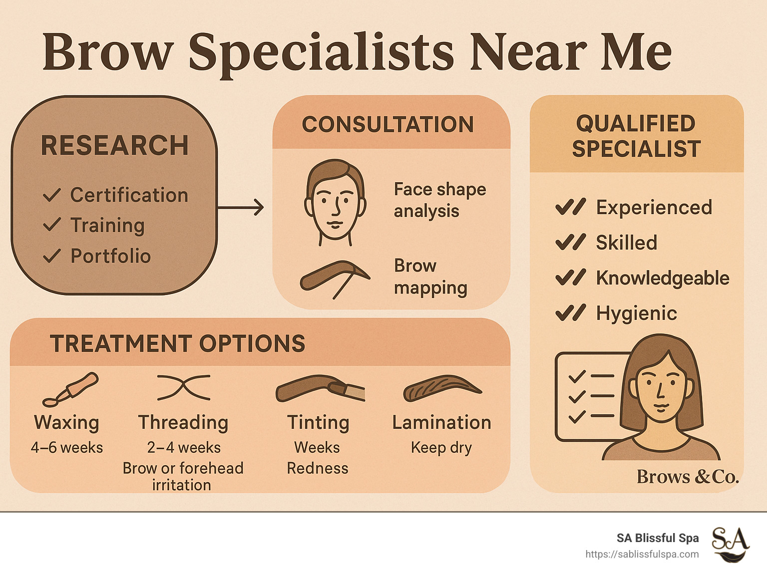 A comprehensive guide showing the brow specialist selection process including: research phase (credentials to check), consultation elements (face shape analysis, brow mapping), common treatment options (waxing, threading, tinting, lamination) with their duration and aftercare requirements, and a checklist of what makes a qualified brow specialist - Brow specialists near me infographic A comprehensive guide showing the brow specialist selection process including: research phase (credentials to check), consultation elements (face shape analysis, brow mapping), common treatment options (waxing, threading, tinting, lamination) with their duration and aftercare requirements, and a checklist of what makes a qualified brow specialist - Brow specialists near me infographic
