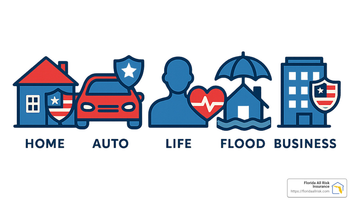 Icons representing different policy types including home, auto, life, flood, and business insurance - independent insurance agency Florida