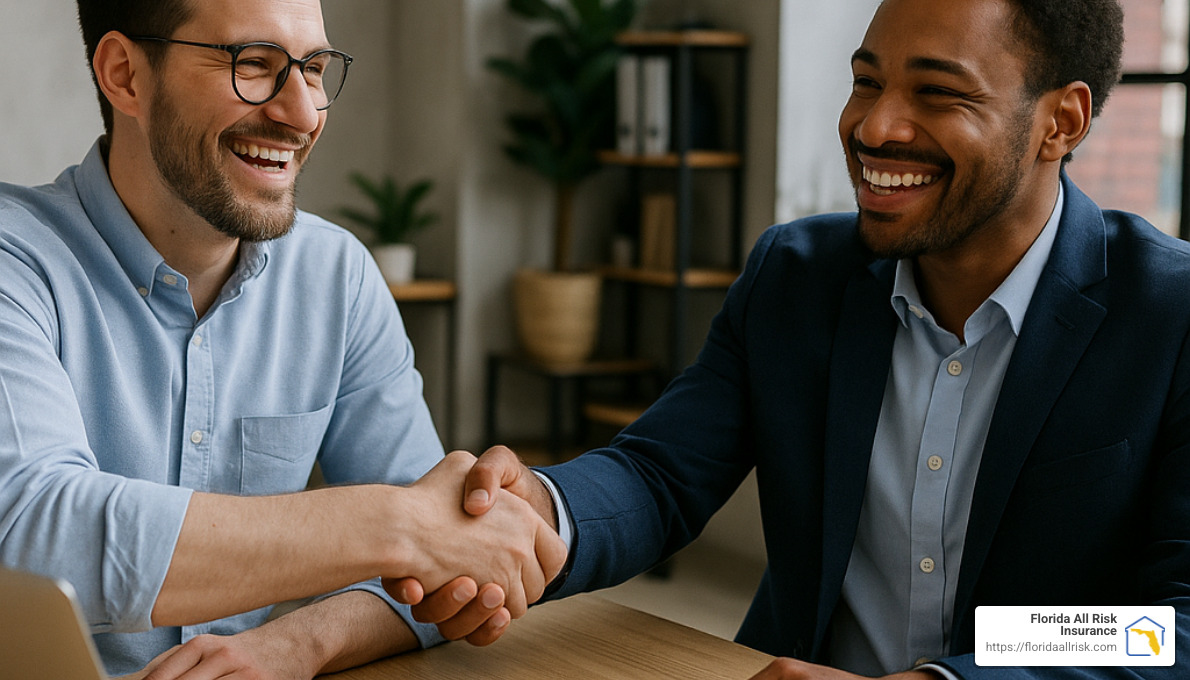 Happy client shaking hands with insurance agent after successful claim - independent insurance agency Florida
