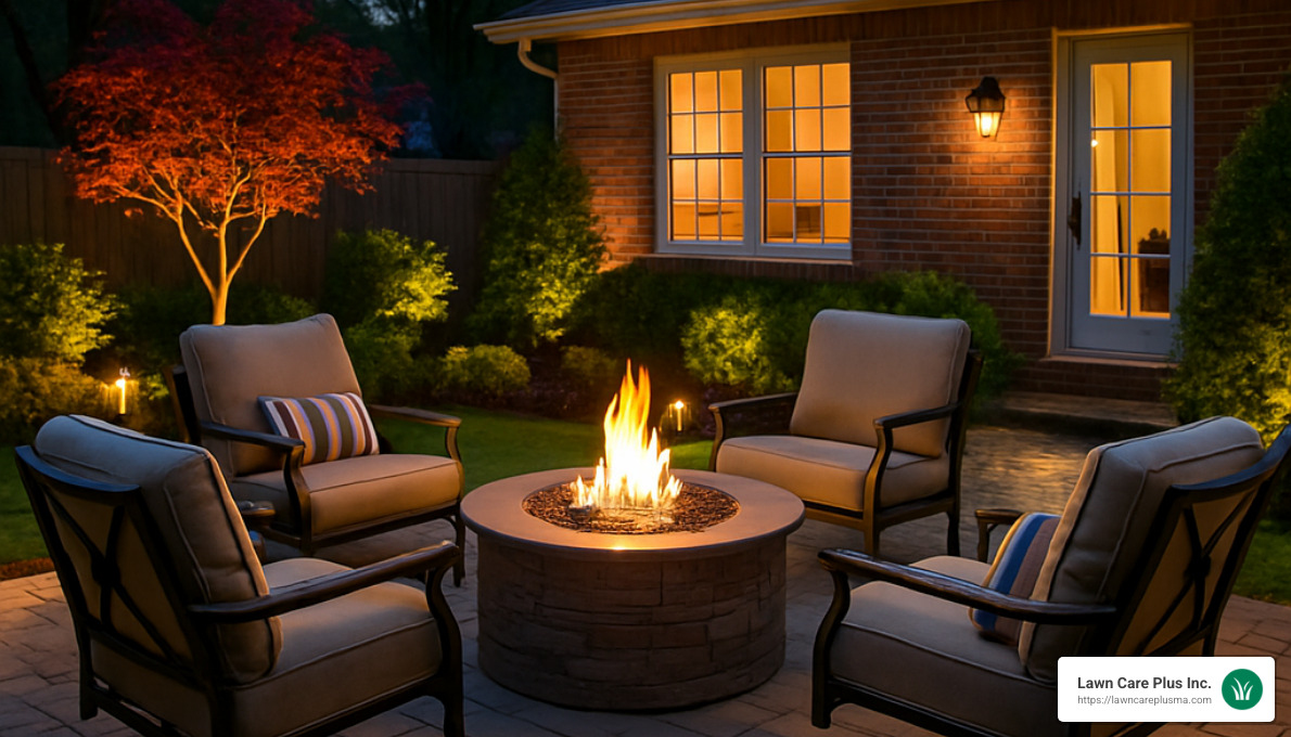 beautiful outdoor patio with seating area and firepit - hardscape landscaping near me